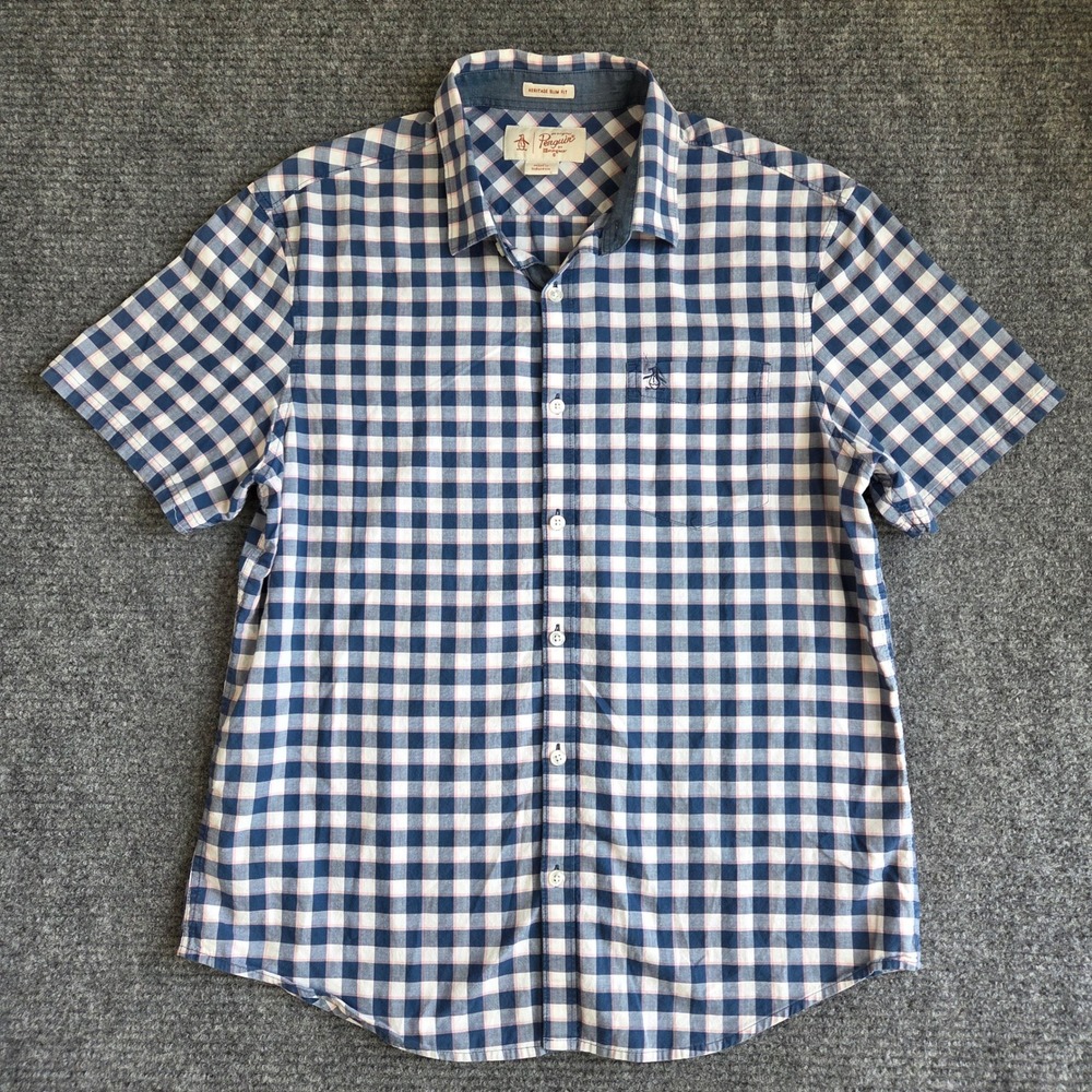 Original Penguin Mens Heritage Slim Fit Gingham Short Sleeve Button Down Shirt L